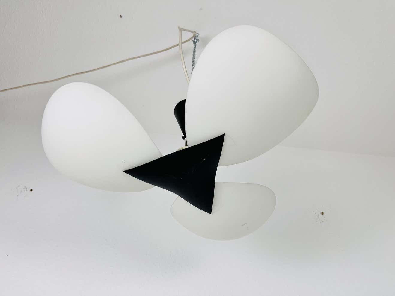 Italian Mid Century Black And Opaline Glass 3 Arm Sputnik Chandelier, 1950s photo for sale