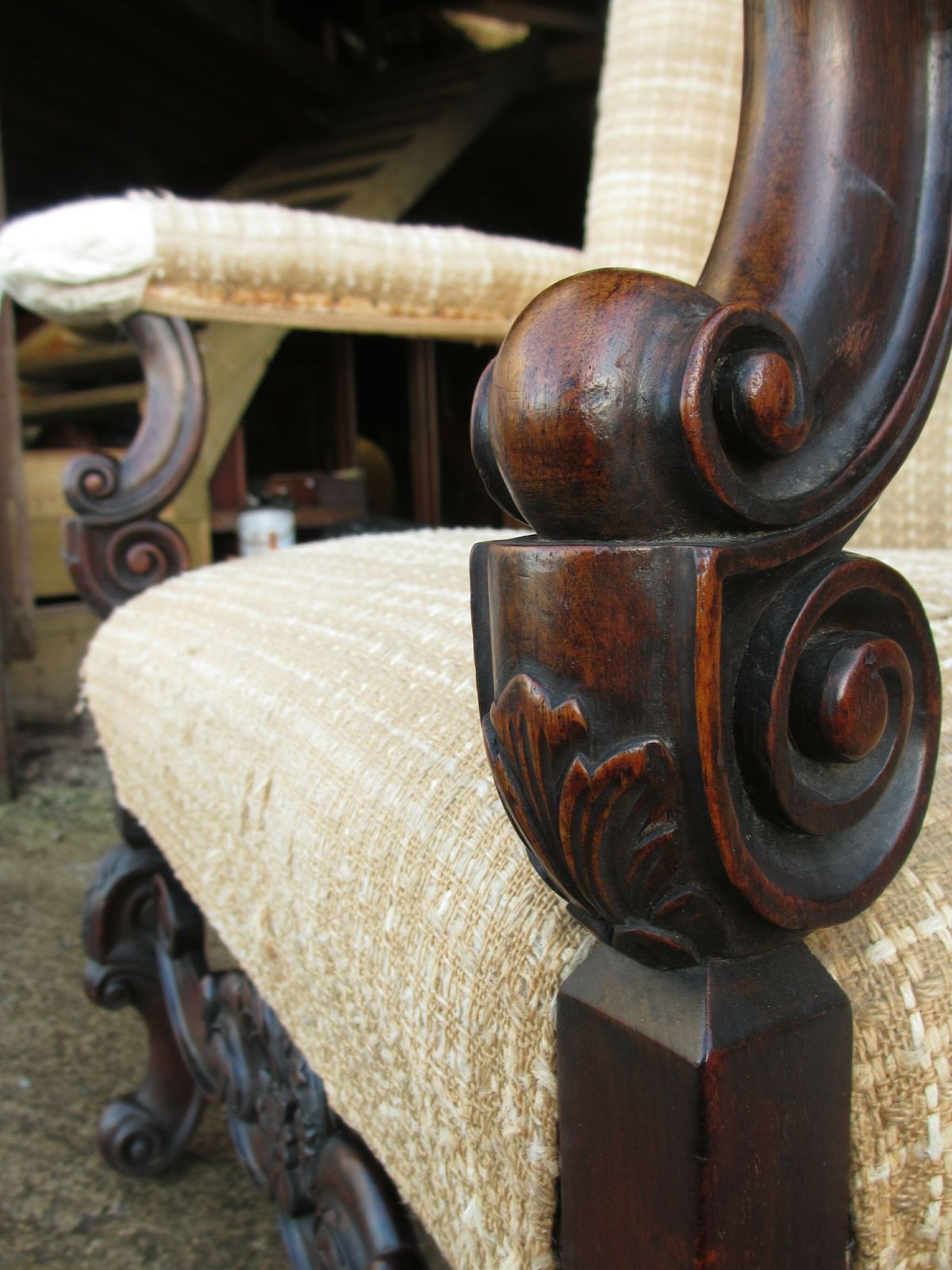 19th Century Carved Walnut High Wing Back Armchair photo vintage