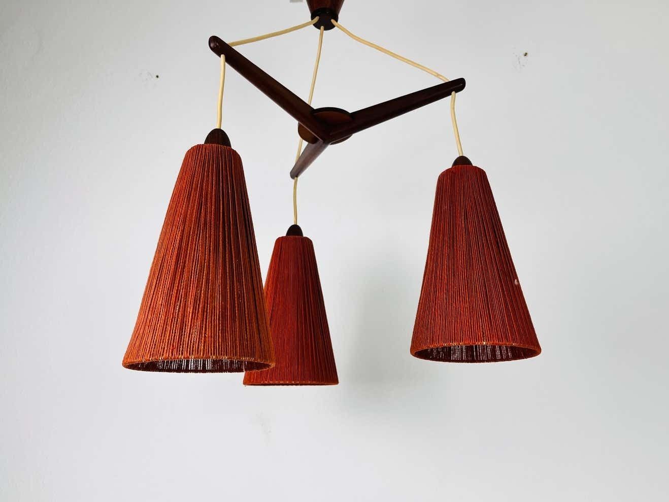 Midcentury Teak And Cord Shade Hanging Lamp By Temde, Circa 1960 photo Lighting