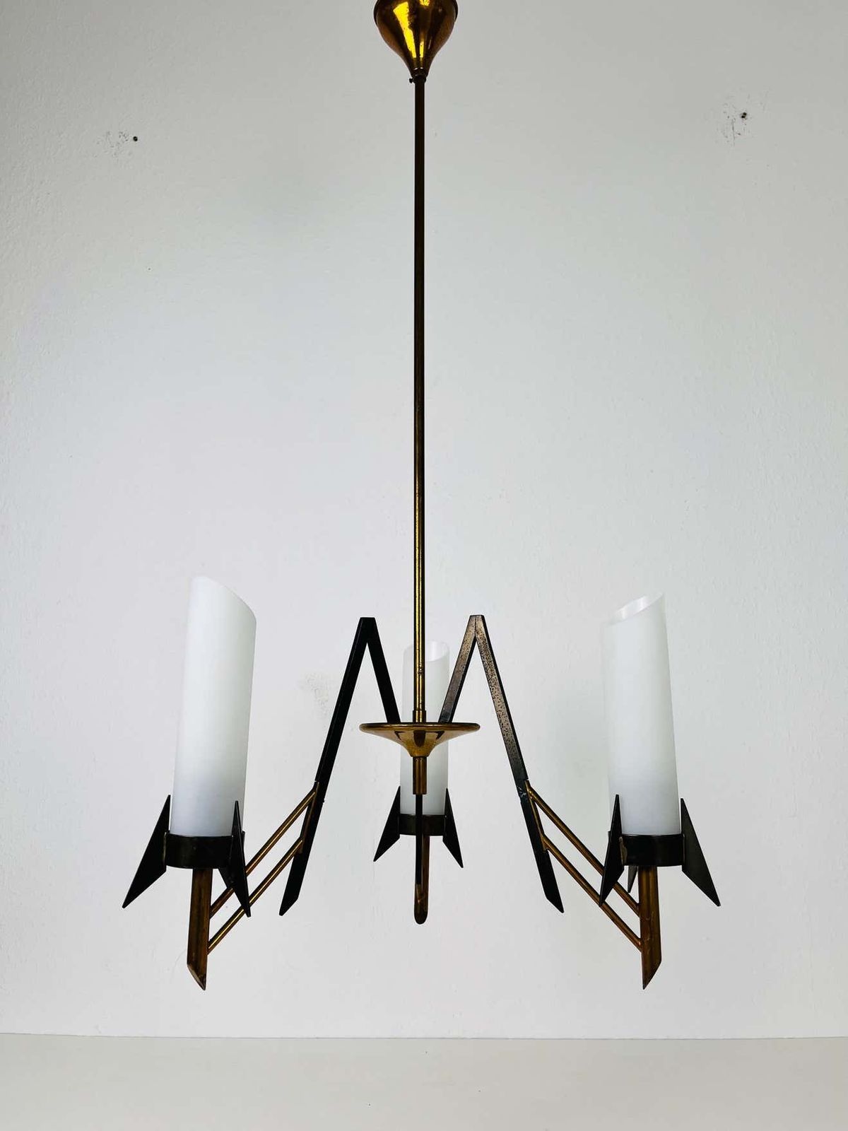Italian Mid Century Brass And Opaline Glass 3 Arm Chandelier, 1960s photo for sale