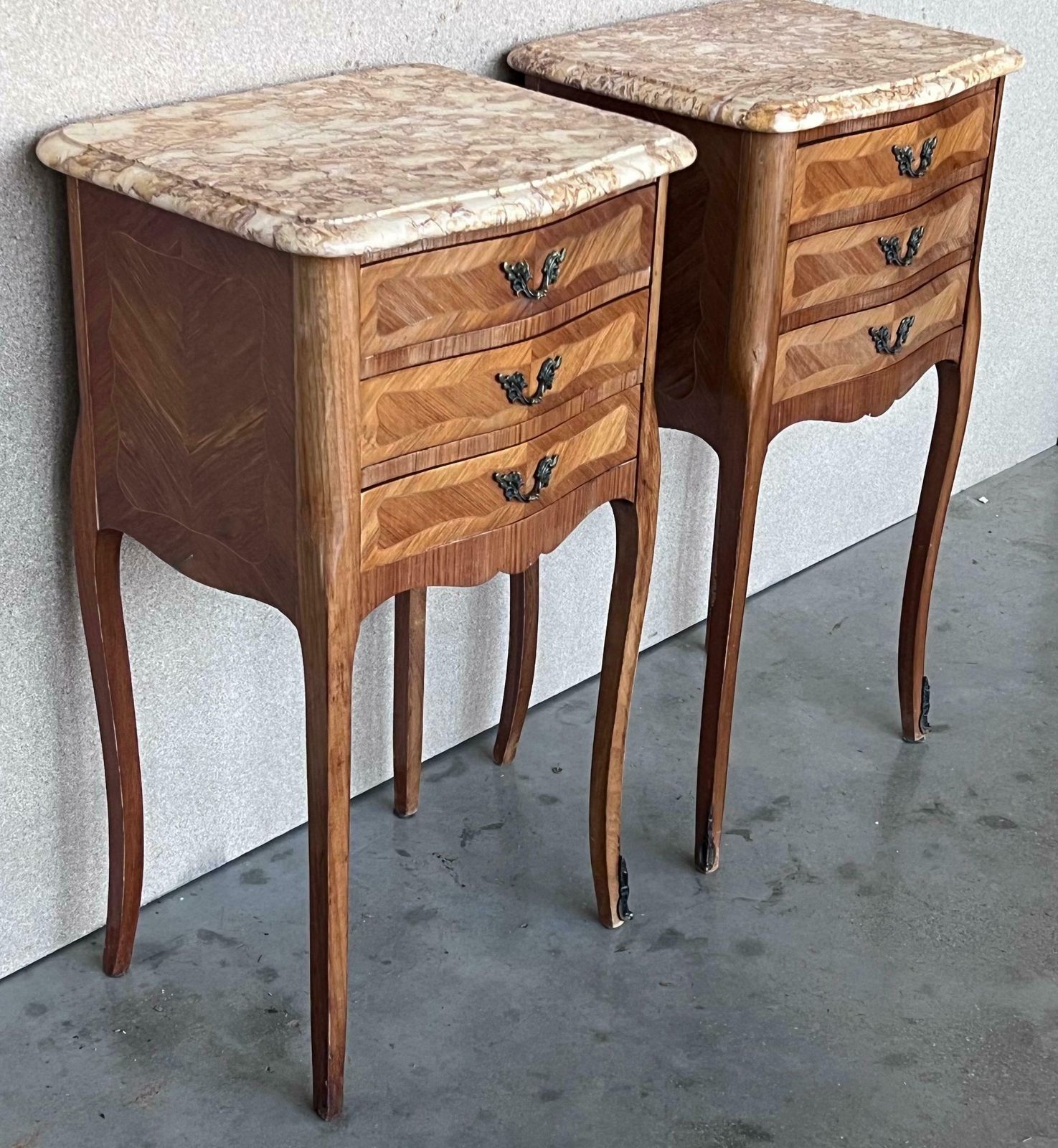 Antique Louis XV French Marquetry Marble Top Nightstands, Set Of 2 photo for sale
