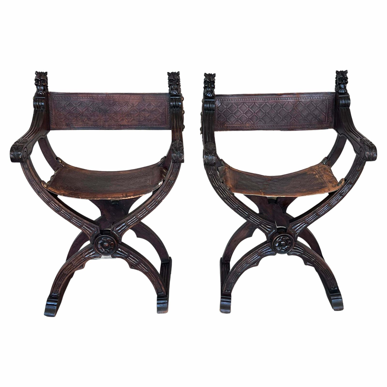 19th Century Pair Of Carved Walnut Folding Scissors Savonarola Bench Or Settle