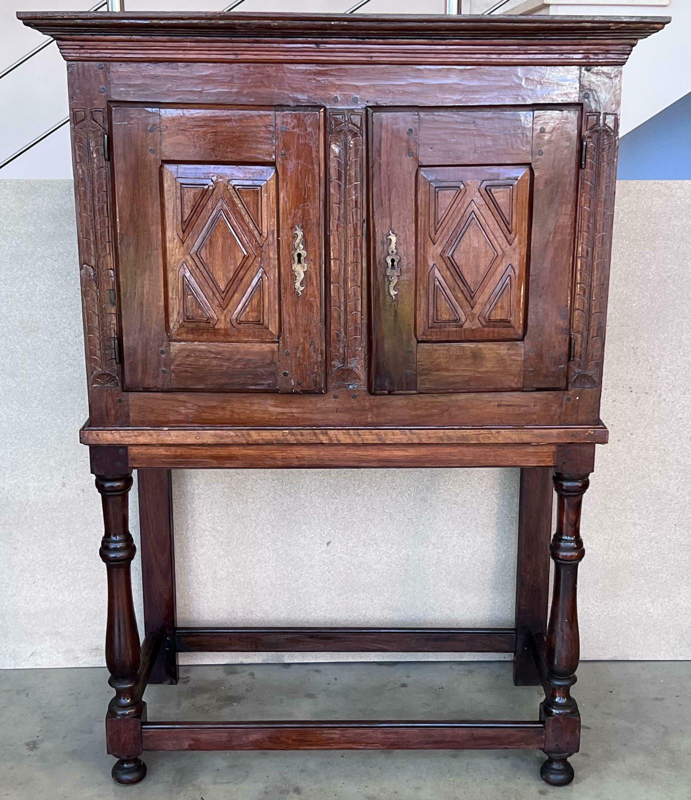 19th Catalan Spanish Cabinet On Stand In Carved Walnut And Iron Stretcher photo for sale