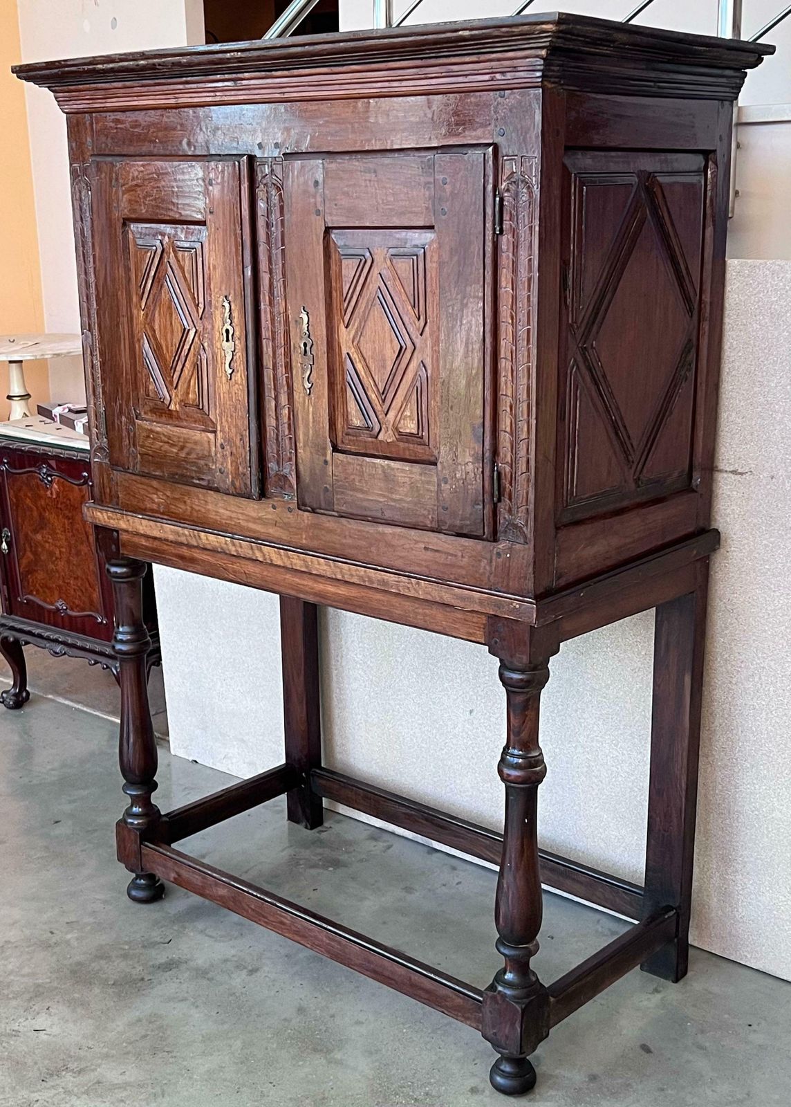 19th Catalan Spanish Cabinet On Stand In Carved Walnut And Iron Stretcher photo Furniture
