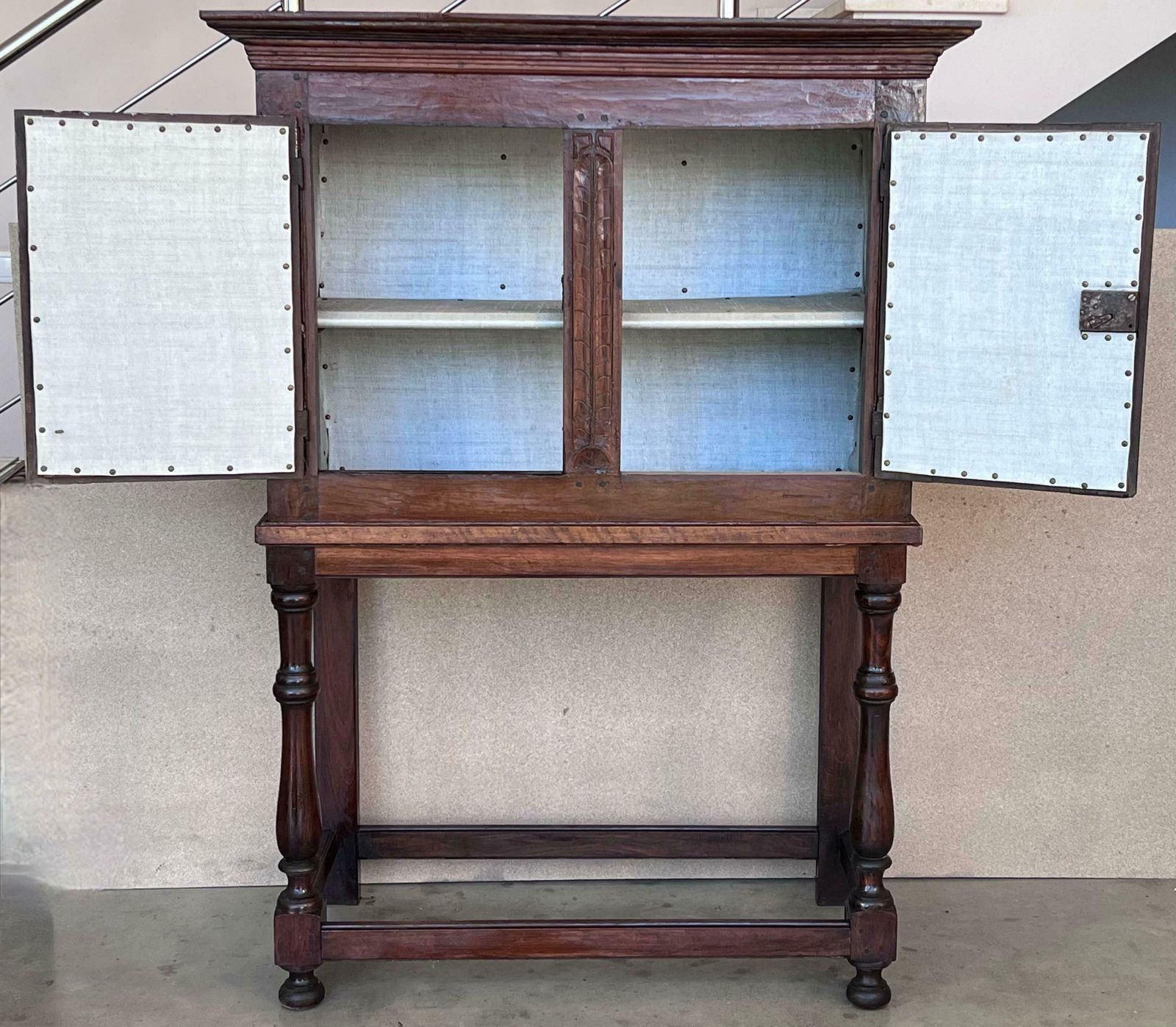 6729.0 19th Catalan Spanish Cabinet On Stand In Carved Walnut And Iron Stretcher photo