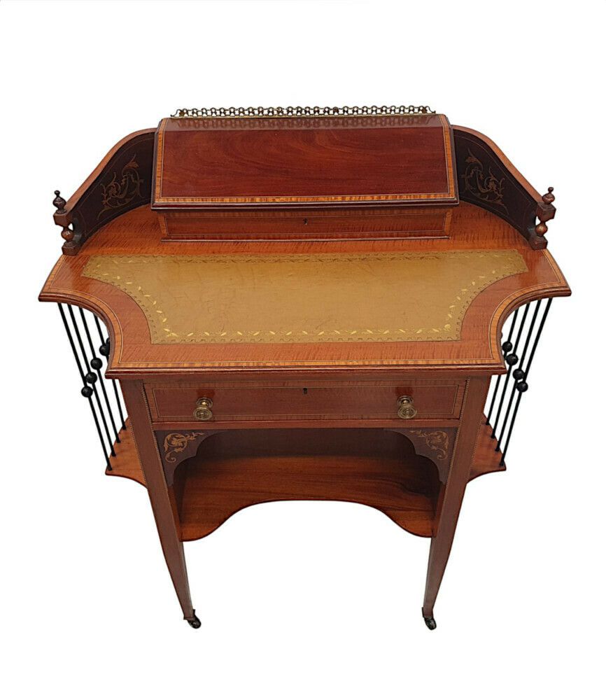 A Fine And Unusual Edwardian Inlaid Leather Top Desk photo for sale