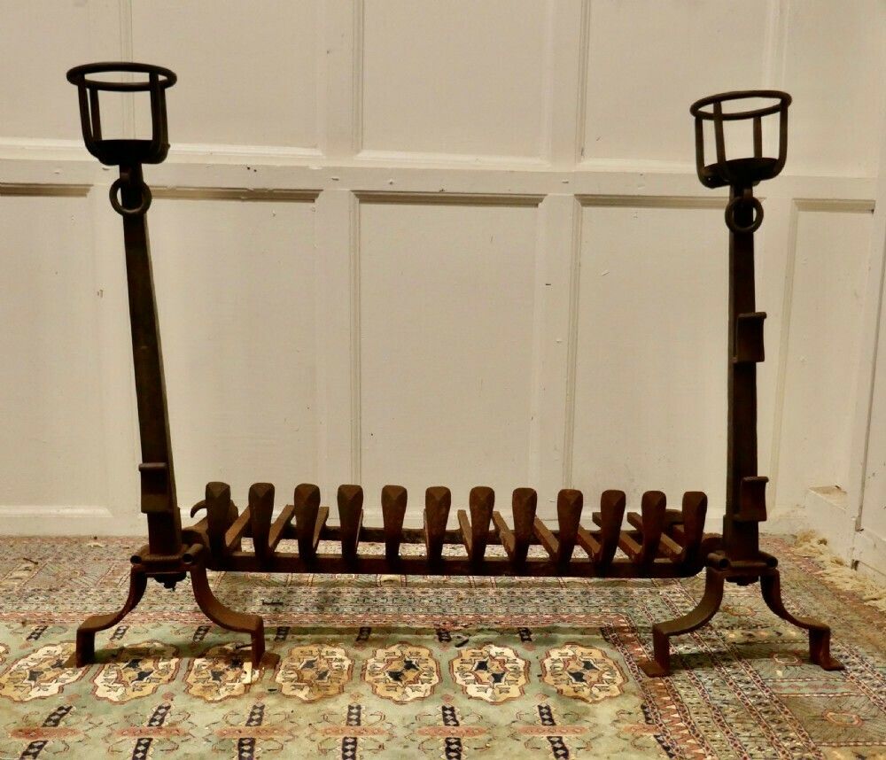 Very Large Early 19th Century French Fire Grate Set On Iron Andirons