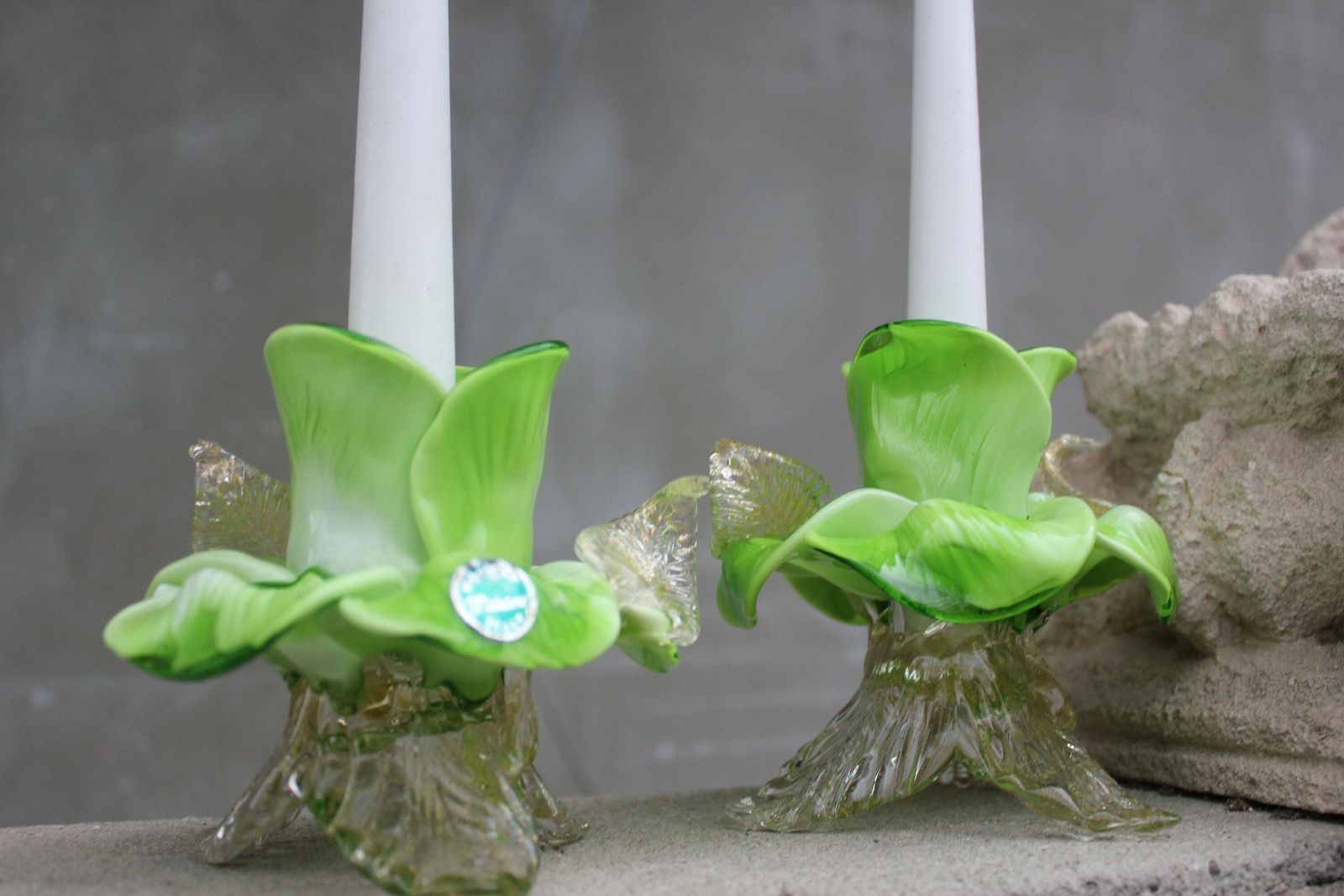 Perfect Set Of Candleholders, Green Italian Murano Glass And Gold Flake In Flower Shape, Green Home Accent, Collectible Art Glass photo for sale
