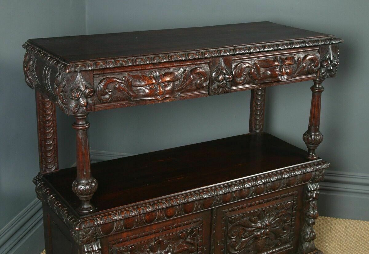 Antique English Victorian Carved Oak Green Man Buffet C1880 photo furniture