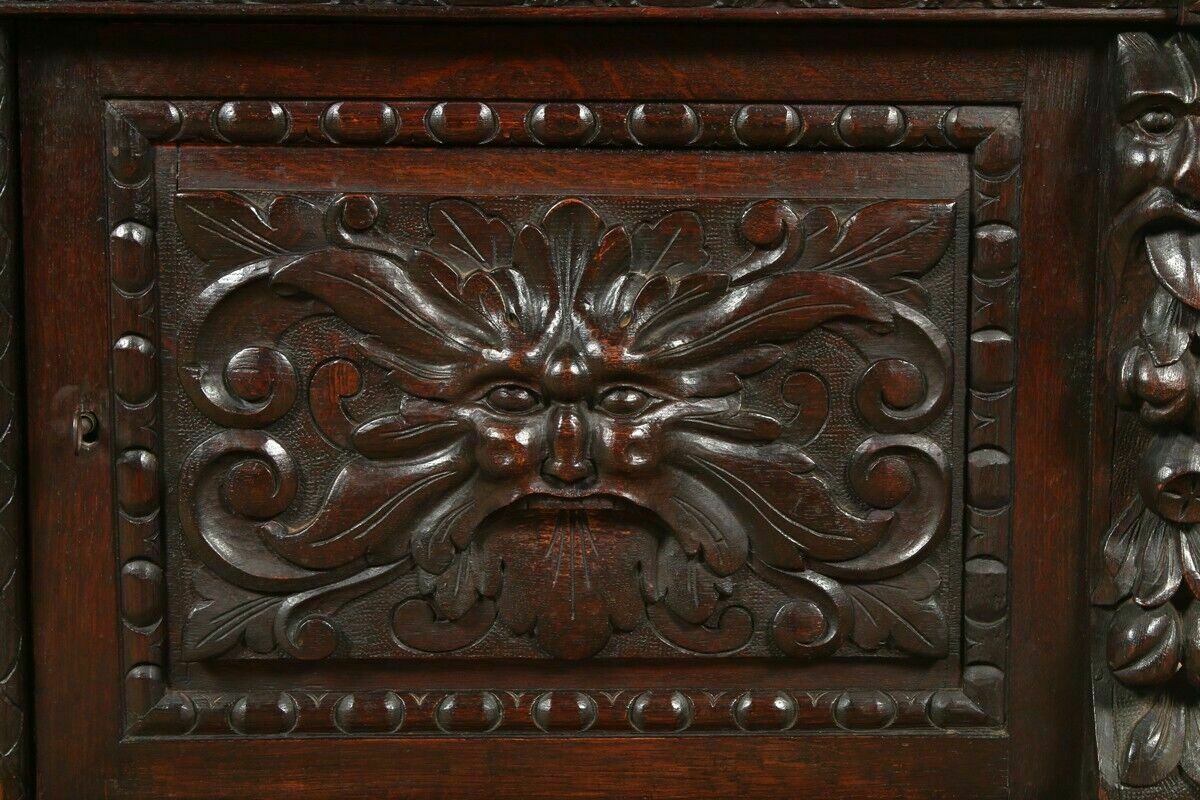photo for sale Antique English Victorian Carved Oak Green Man Buffet C1880