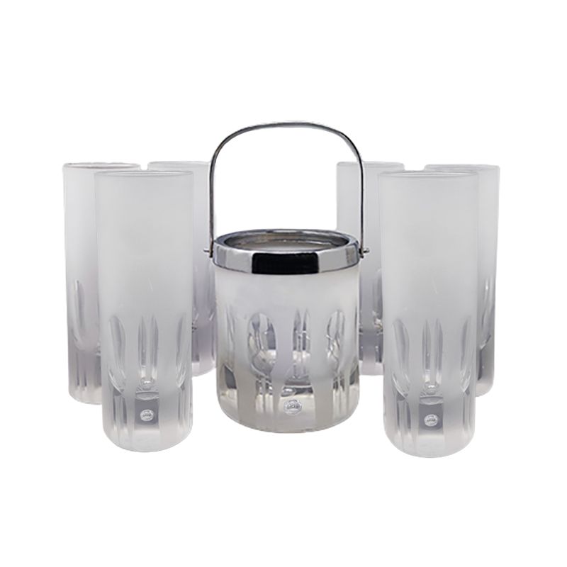 1960 Gorgeous Ice Bucket With 6 Glasses In Hand Cut Lead Crystal By Kristal. Made In Italy