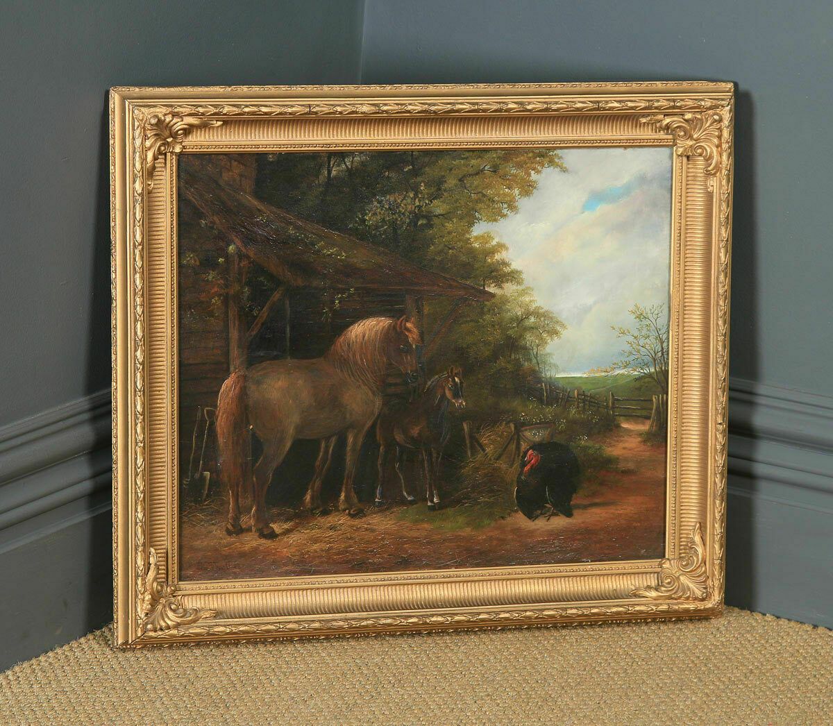 Antique English Victorian Oil Painting Horse Country Scene Henry Charles Woolett photo for sale