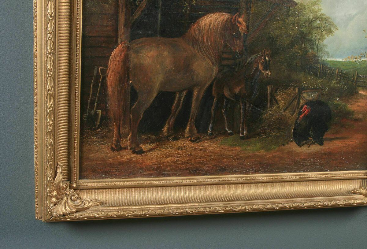 Antique English Victorian Oil Painting Horse Country Scene Henry Charles Woolett photo vinterior