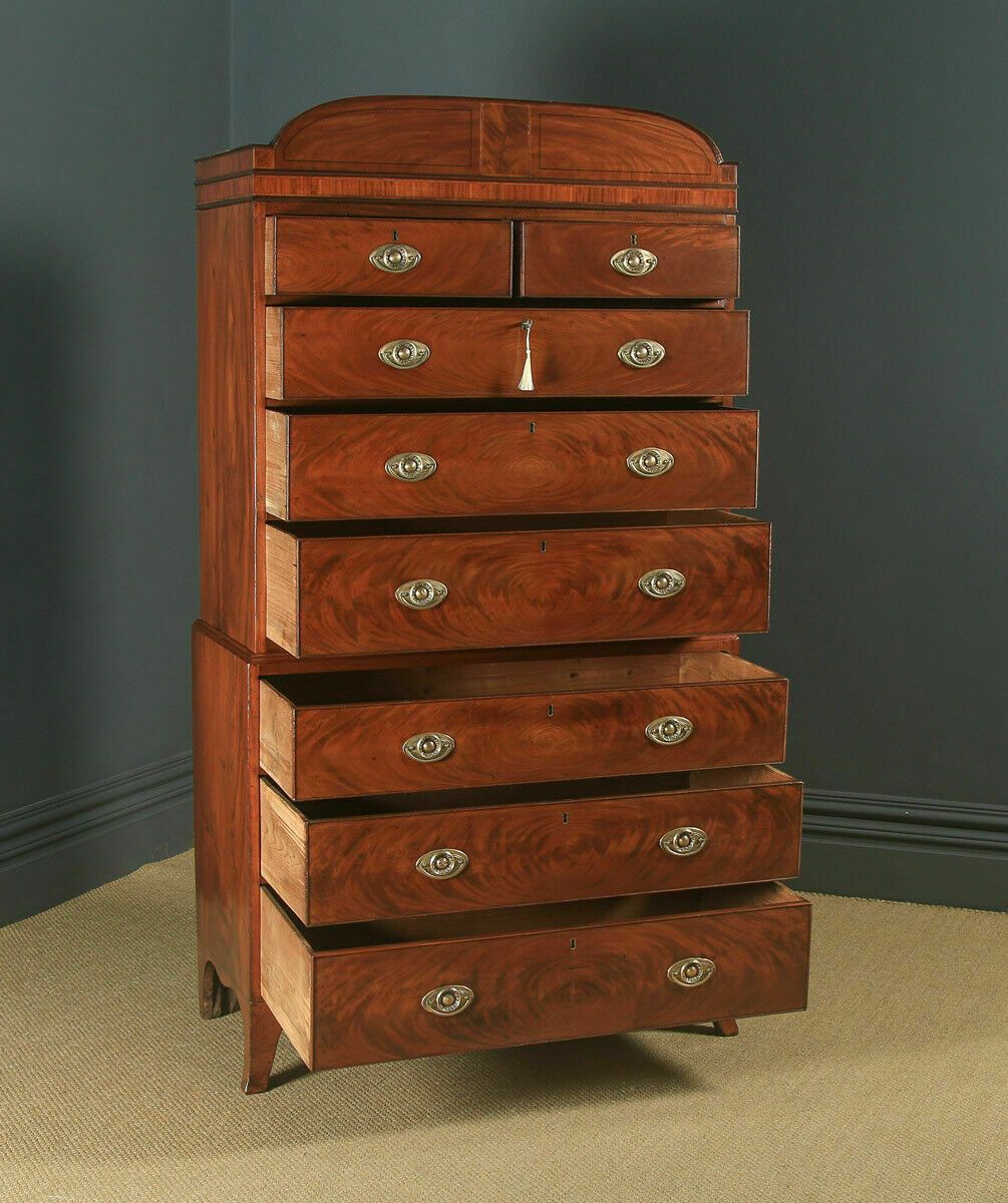 Antique Channel Islands Georgian Regency Flame Mahogany Inlaid Tallboy Chest photo vintage