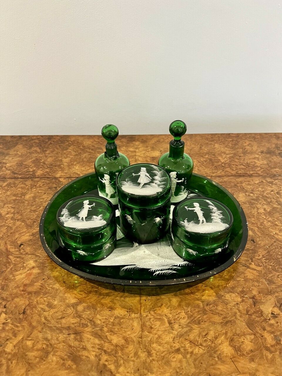 Rare Quality Victorian Mary Gregory Green Dressing Table Set