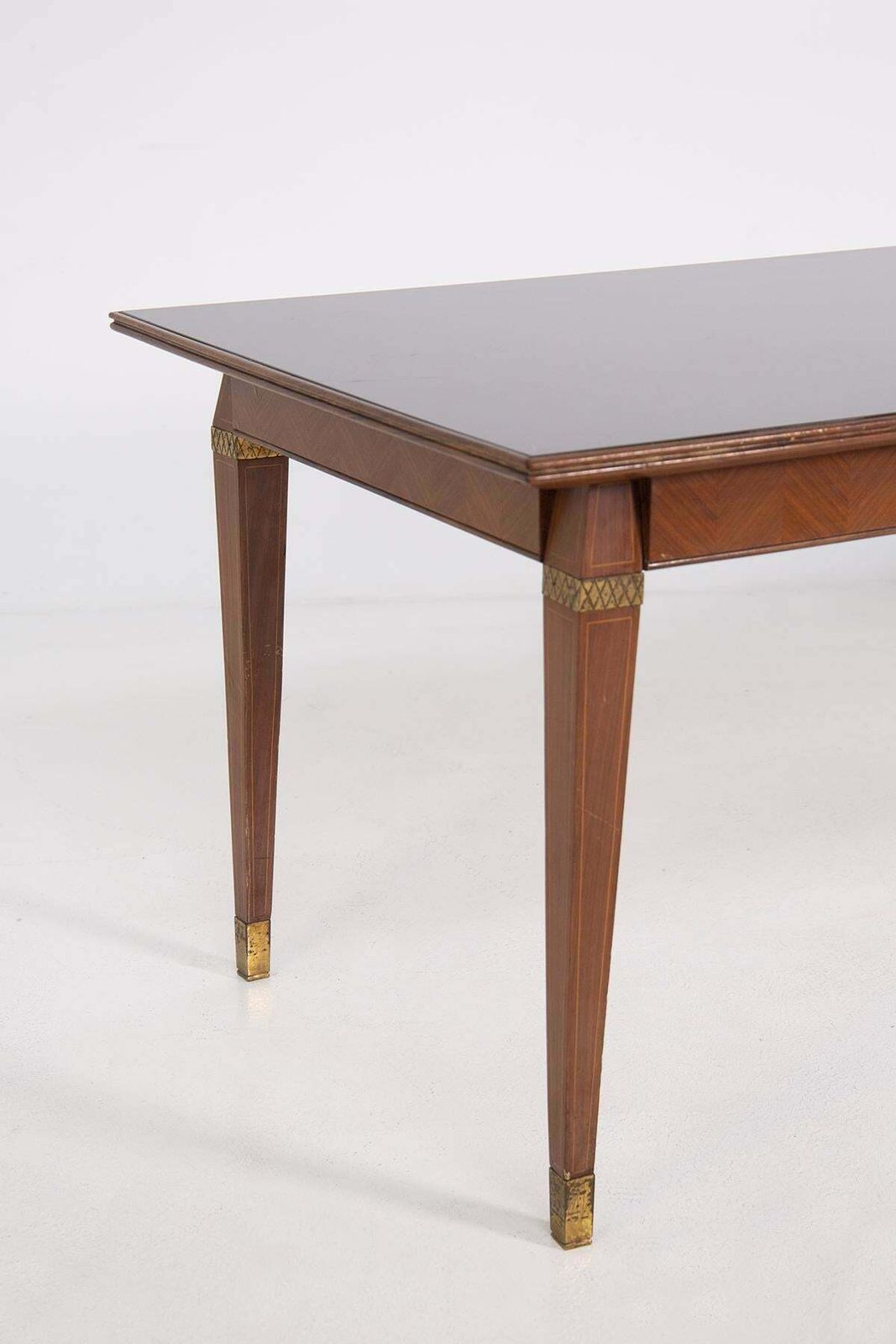 Italian Dining Table In The Style Of Paolo Buffa In Wood Brass And Smoked Glass photo 3810.0