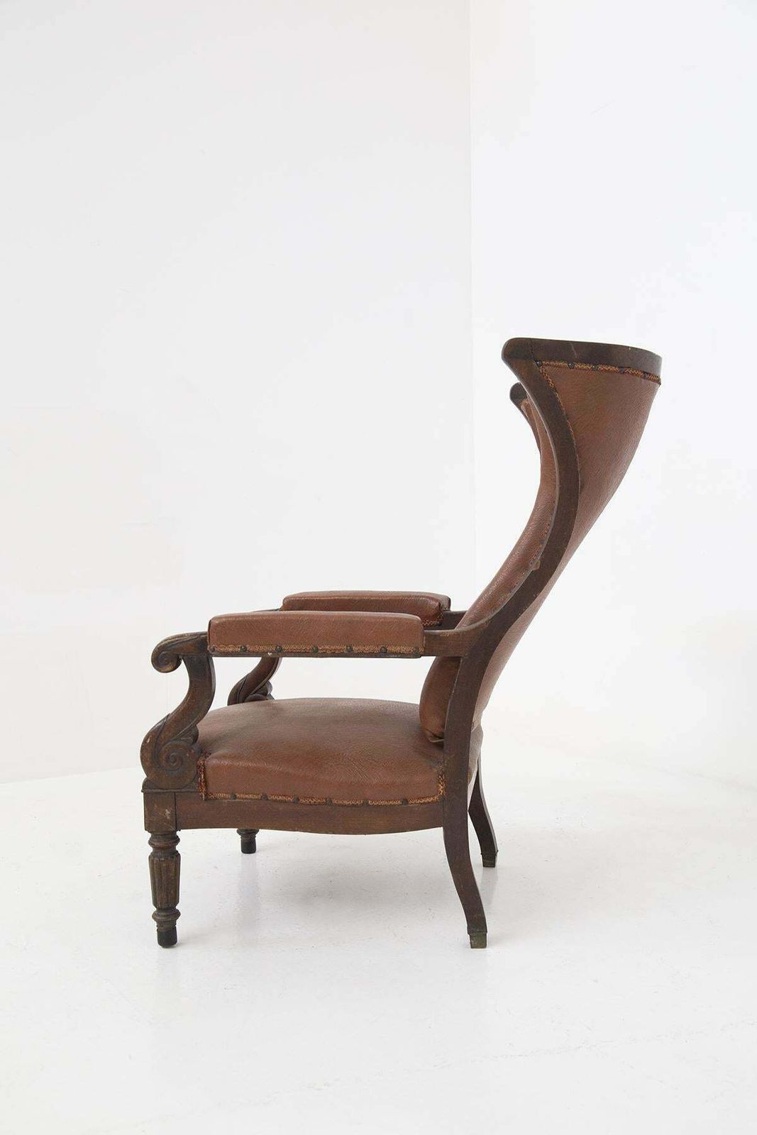 French Antique Armchair In Original Wood And Leather photo for sale