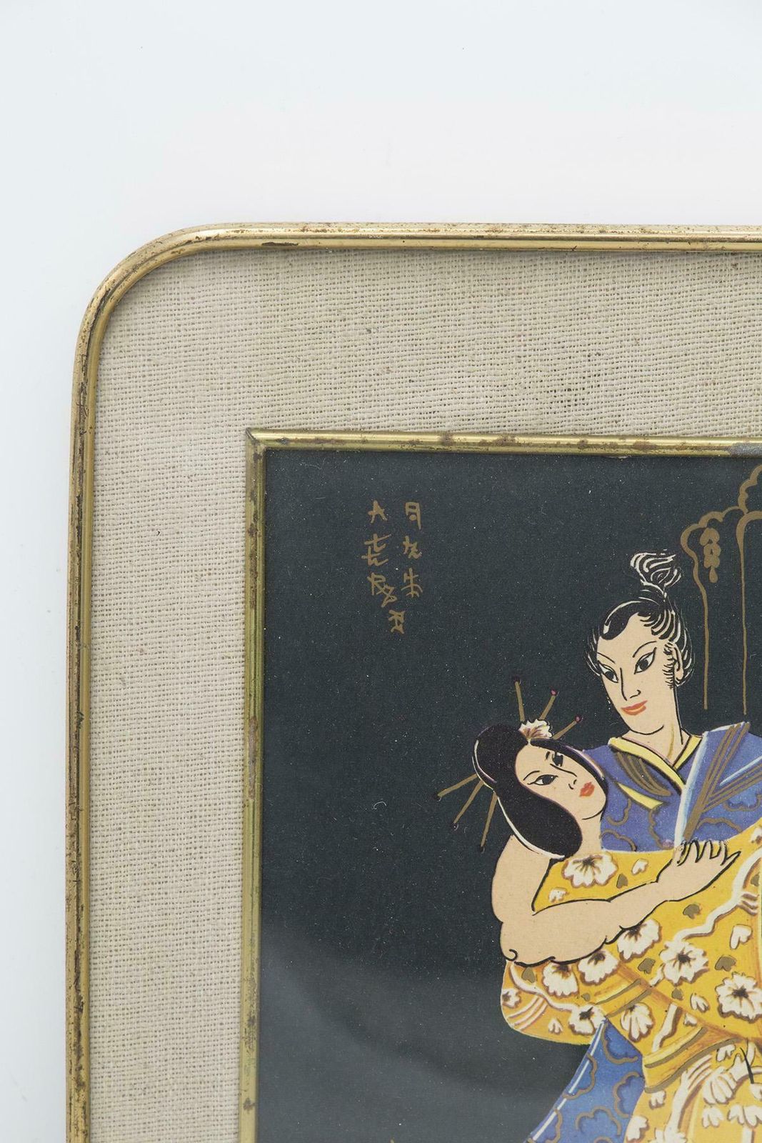 Antique Japanese Painting Framed On Jute ''Lovers Dance'' photo furniture