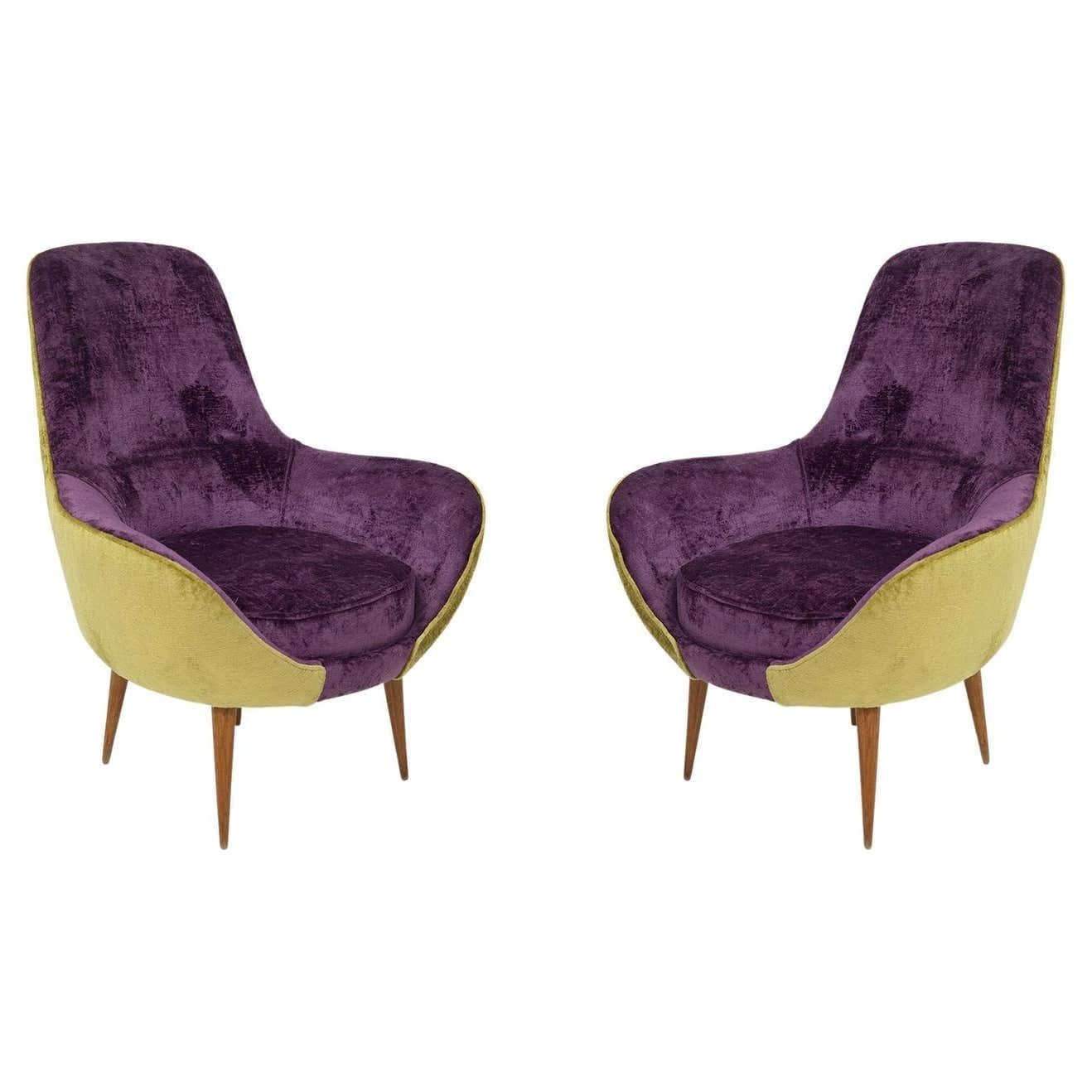Vintage Wooden Armchairs In Purple And Green Velvet