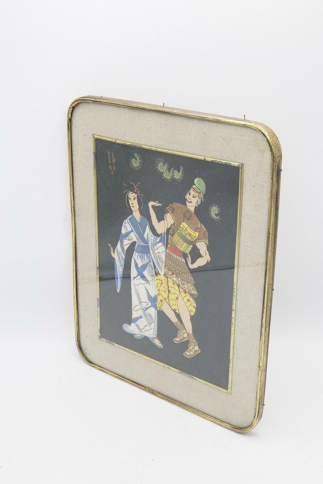 Ancient Japanese Painting Framed In Brass ''Traditional Dance'' photo vinterior