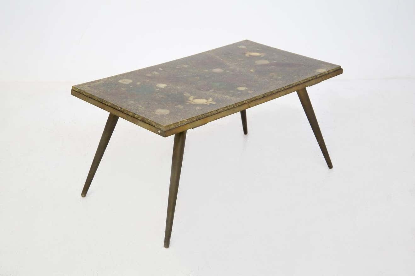 Brass And Resin Vintage Coffee Table With Marine Fossils photo vinterior