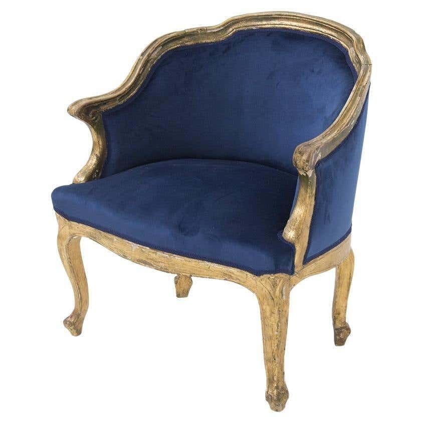 Vintage Armchair In Gilt Wood And Blue Velvet