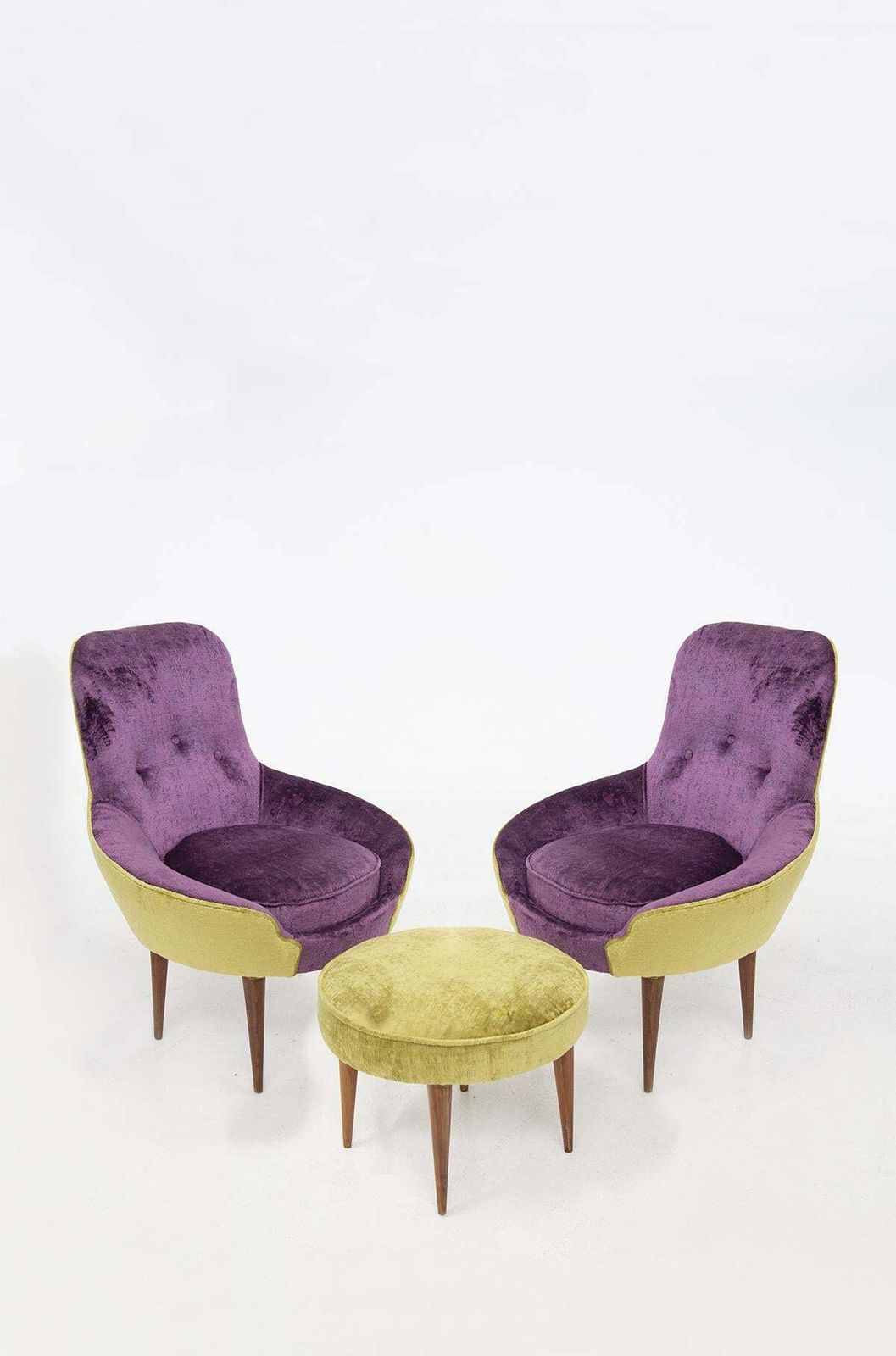 Small Vintage Wooden Armchairs In Velvet Purple And Green With Pouffe photo furniture