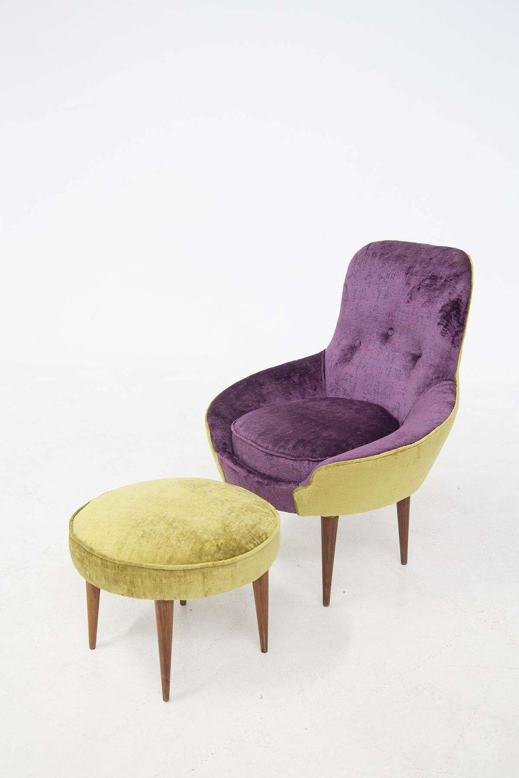 photo vinterior Small Vintage Wooden Armchairs In Velvet Purple And Green With Pouffe