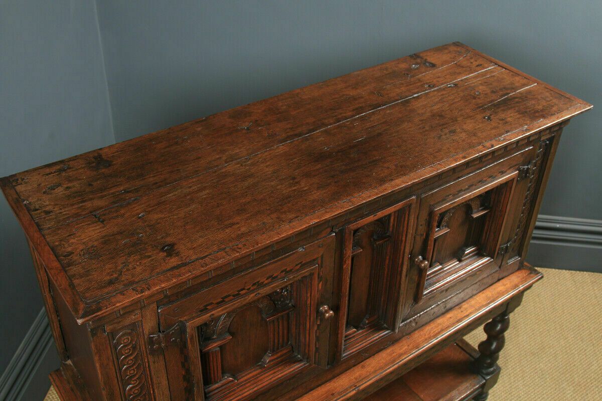 Furniture Antique English 17th Century Oak Inlaid Cupboard On Stand (Circa 1675 photo