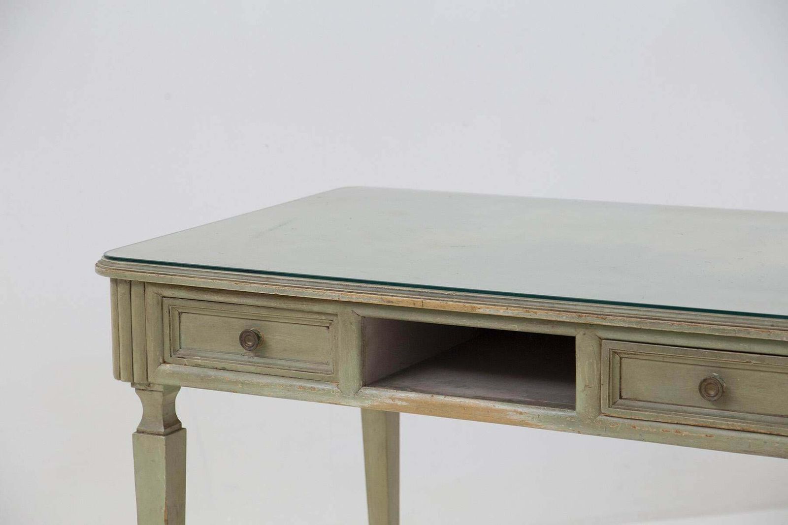 French Rustic Chic Desk In Glass, Wood And Brass photo for sale