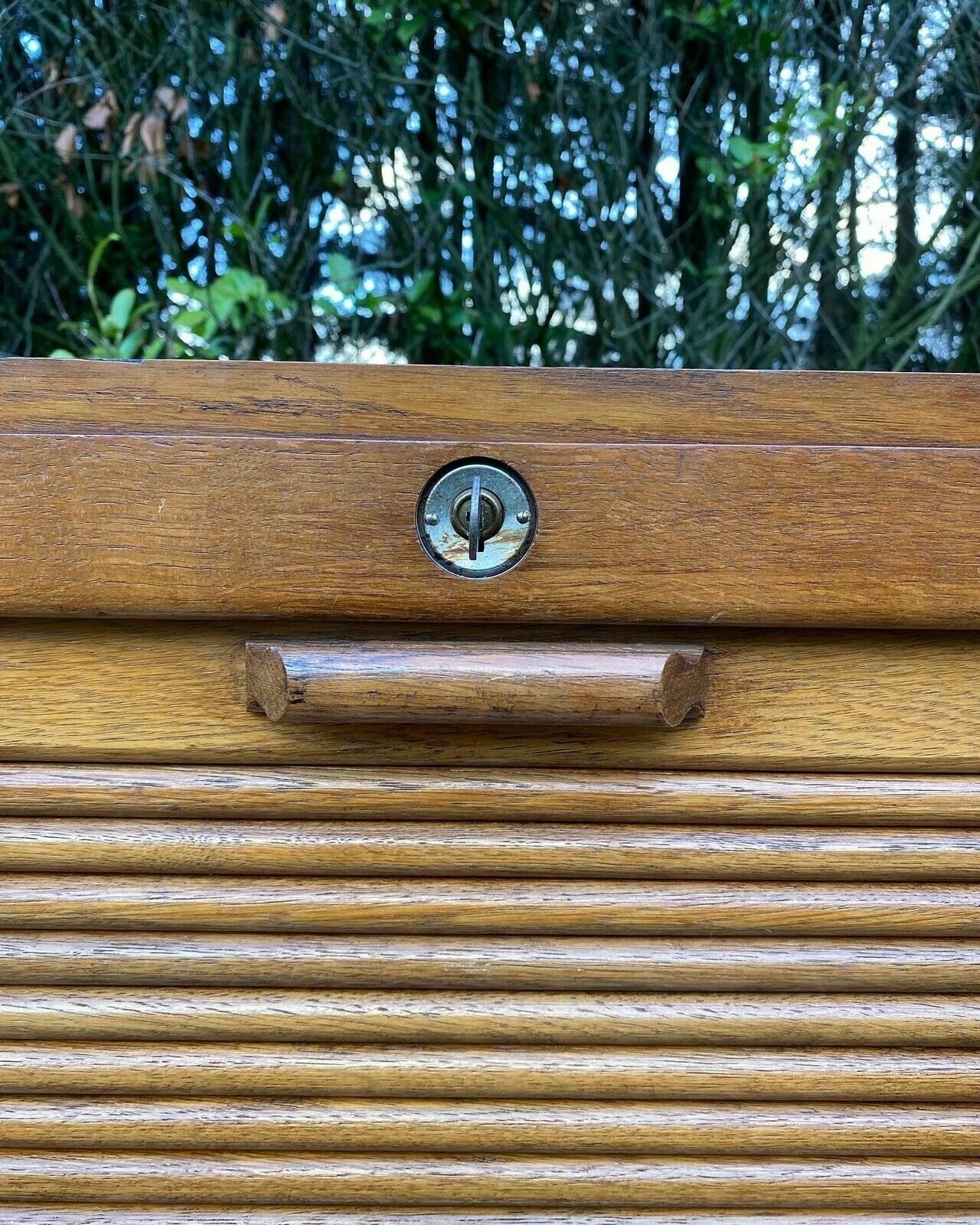 Vintage Mid Century Oak & Plywood Tambour Roll Front Double Filing Cabinet photo vinterior