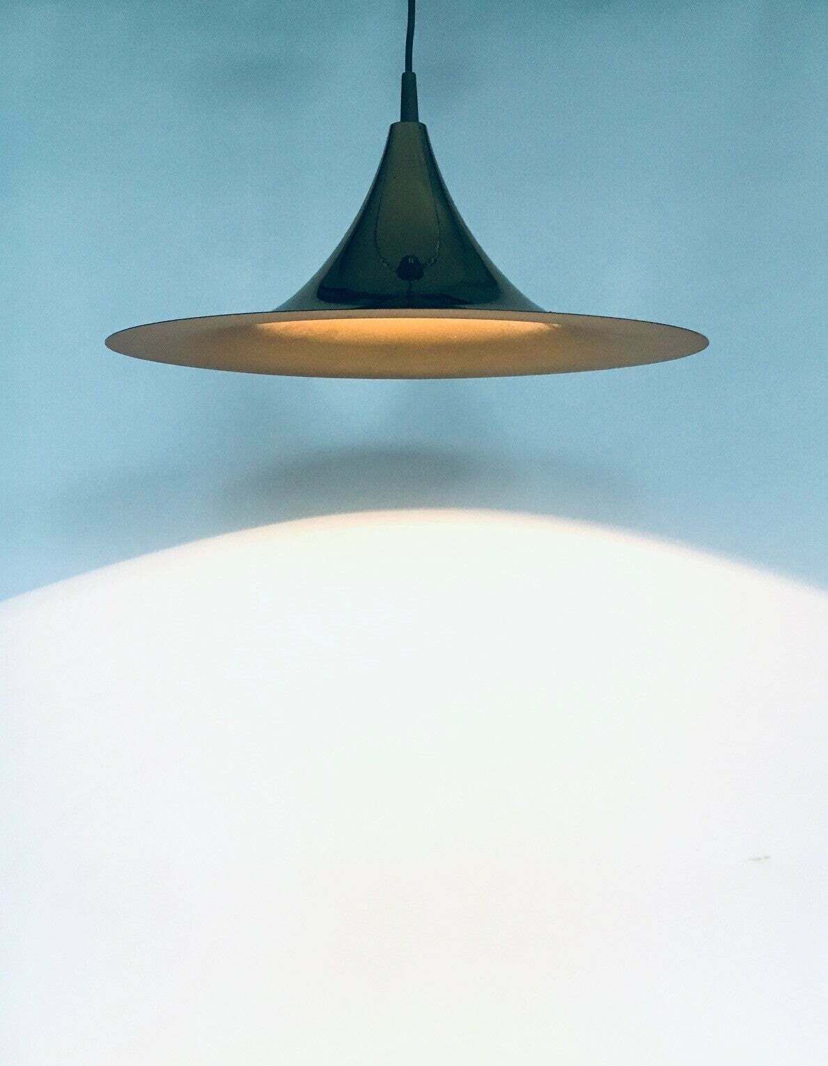 Postmodern Design Semi Or Witch Hat Gold Pendant Lamp, 1980's photo Lighting