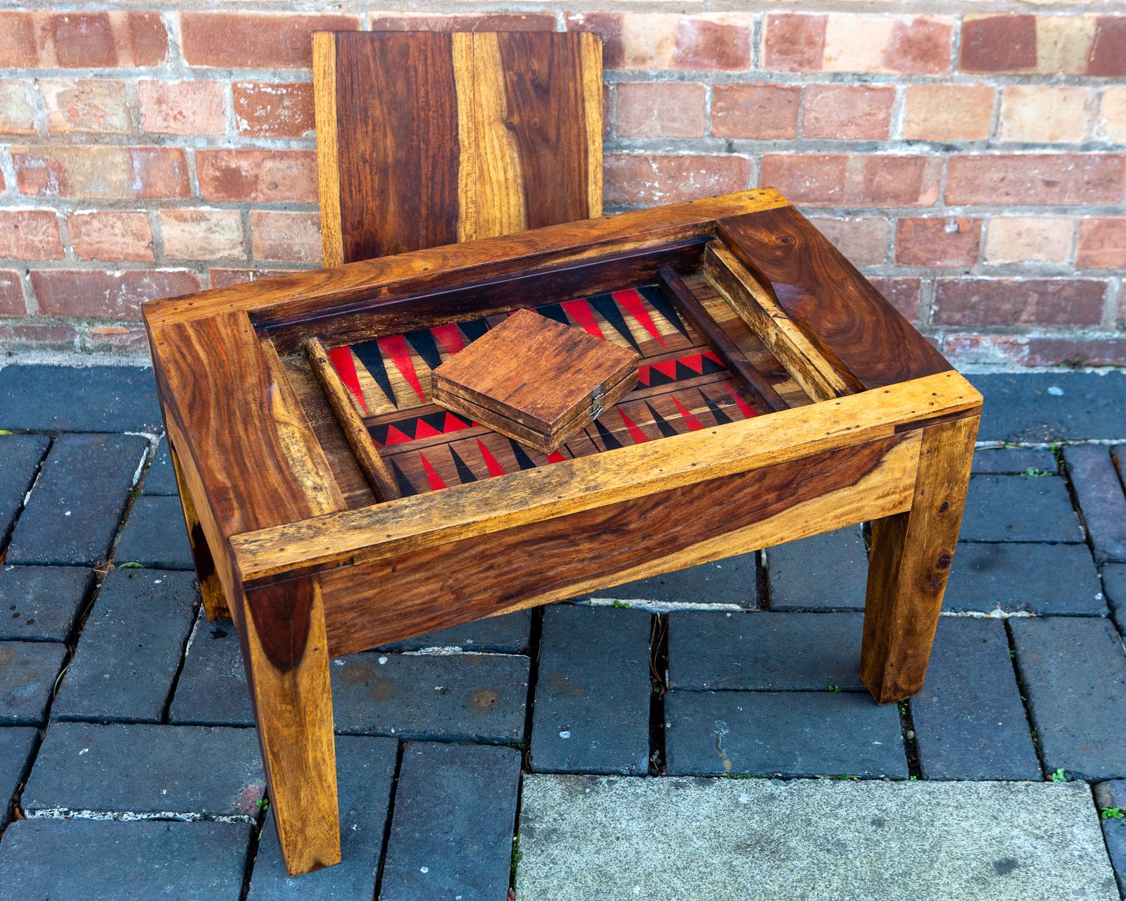 Turkish Backgammon Rustic Coffee Table Metamorphic Artisan Rainbow Poplar Wood Middle Eastern Hardwood Mid Century Mcm 1970s
