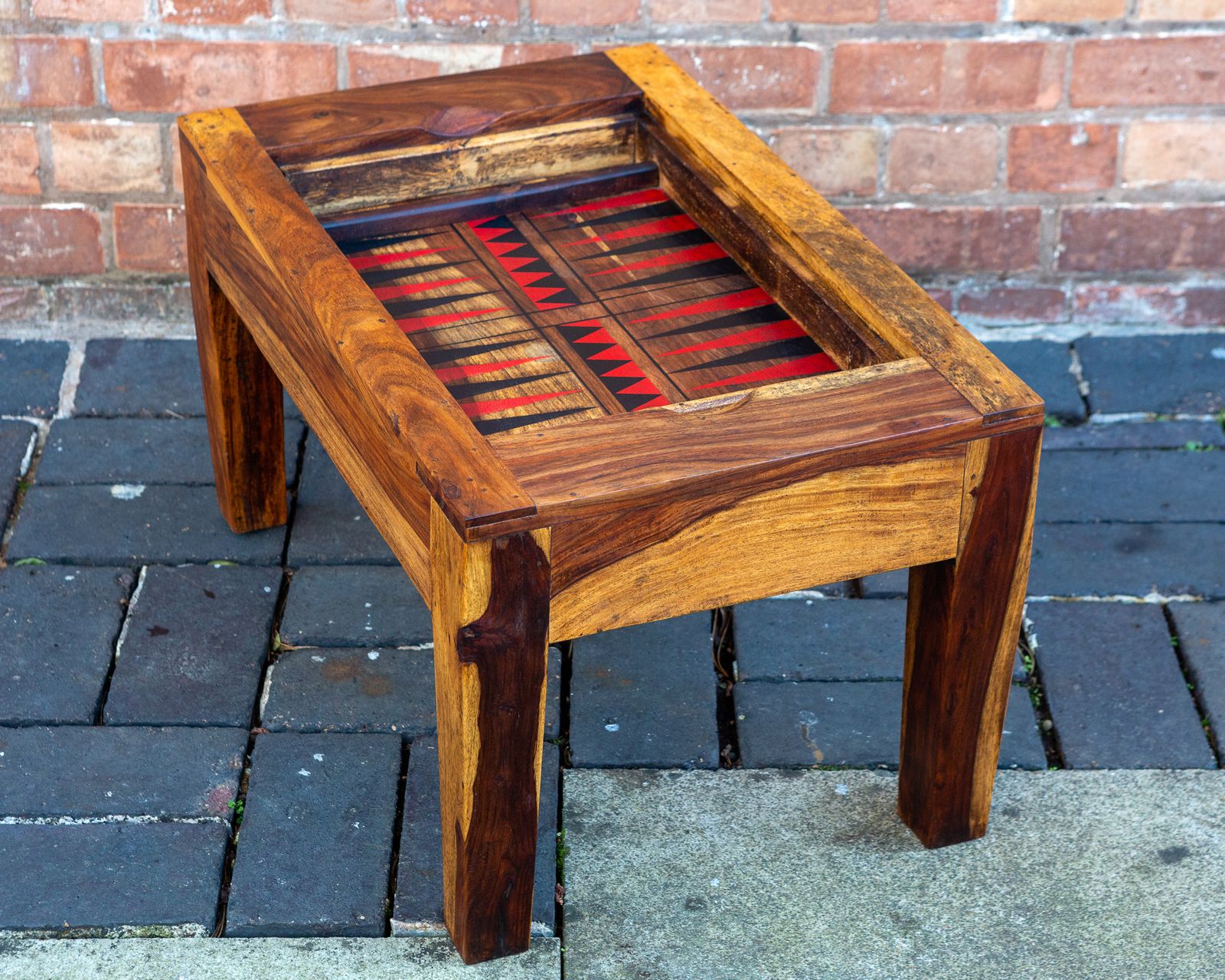 photo furniture Turkish Backgammon Rustic Coffee Table Metamorphic Artisan Rainbow Poplar Wood Middle Eastern Hardwood Mid Century Mcm 1970s