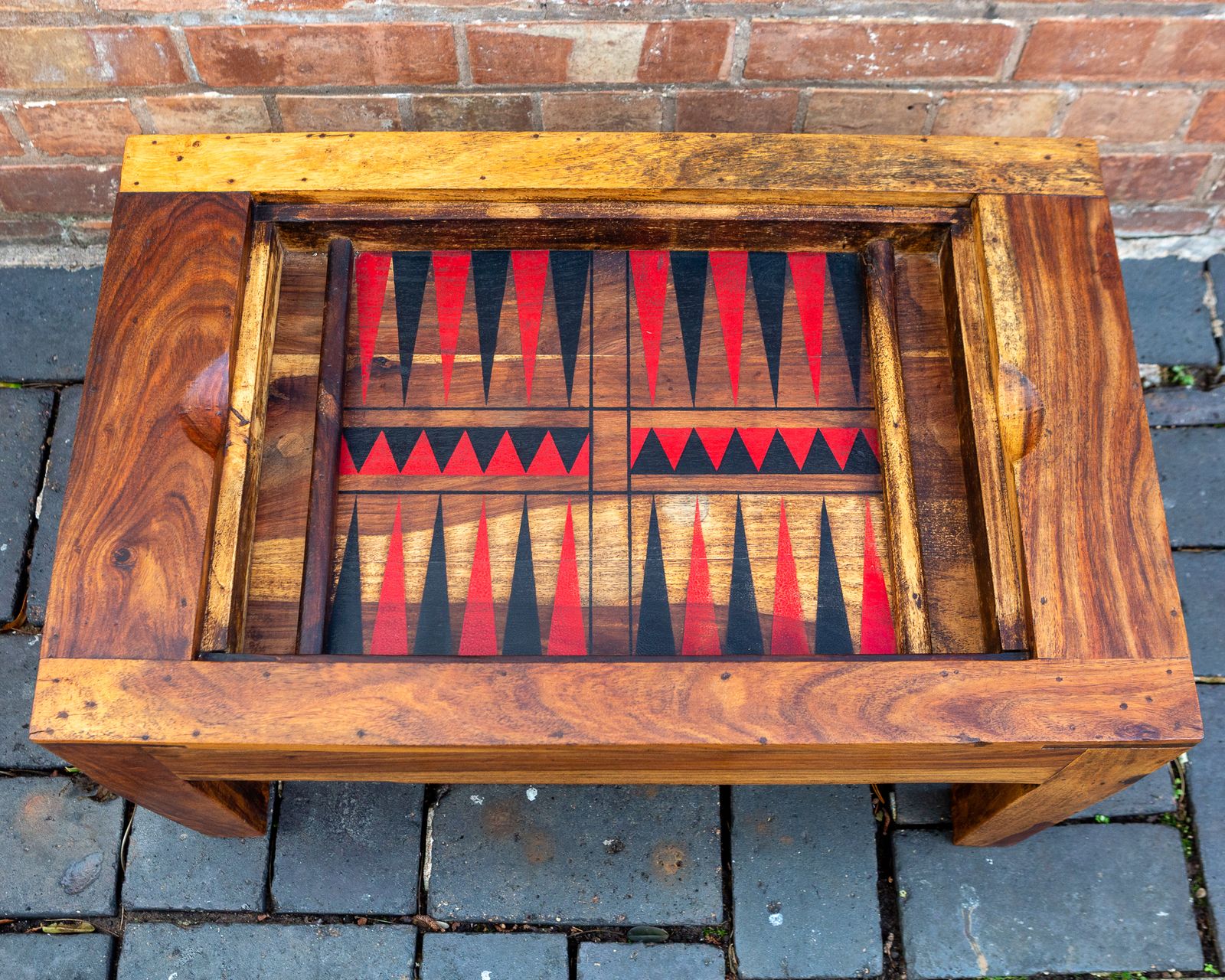 photo for sale Turkish Backgammon Rustic Coffee Table Metamorphic Artisan Rainbow Poplar Wood Middle Eastern Hardwood Mid Century Mcm 1970s
