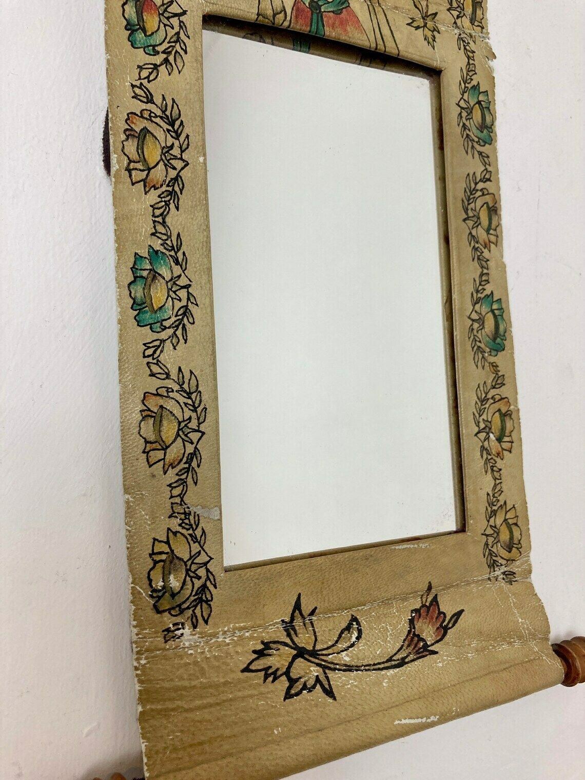 Mid 20th Century Leather Scroll Mirror Indian Indonesian Hand Painted Wall Art photo Art