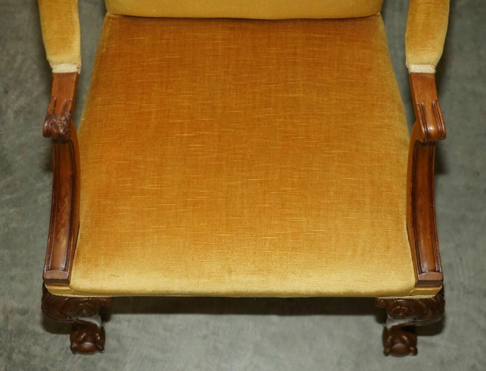 photo for sale Fine Set Of Six Solid Hand Carved Walnut Claw & Ball Feet Art Deco Dining Chairs