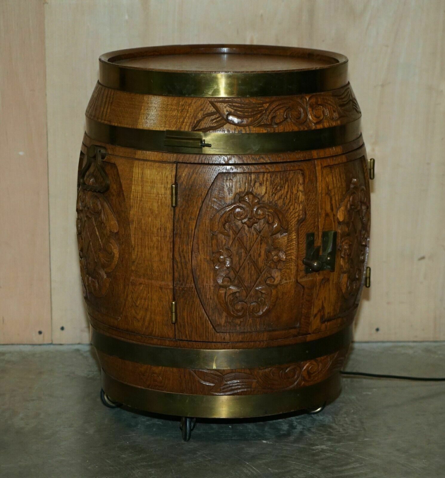 Pair Of Antique Carved Side Table Sized Barrels Made Into Bars / Drinks Holders photo furniture