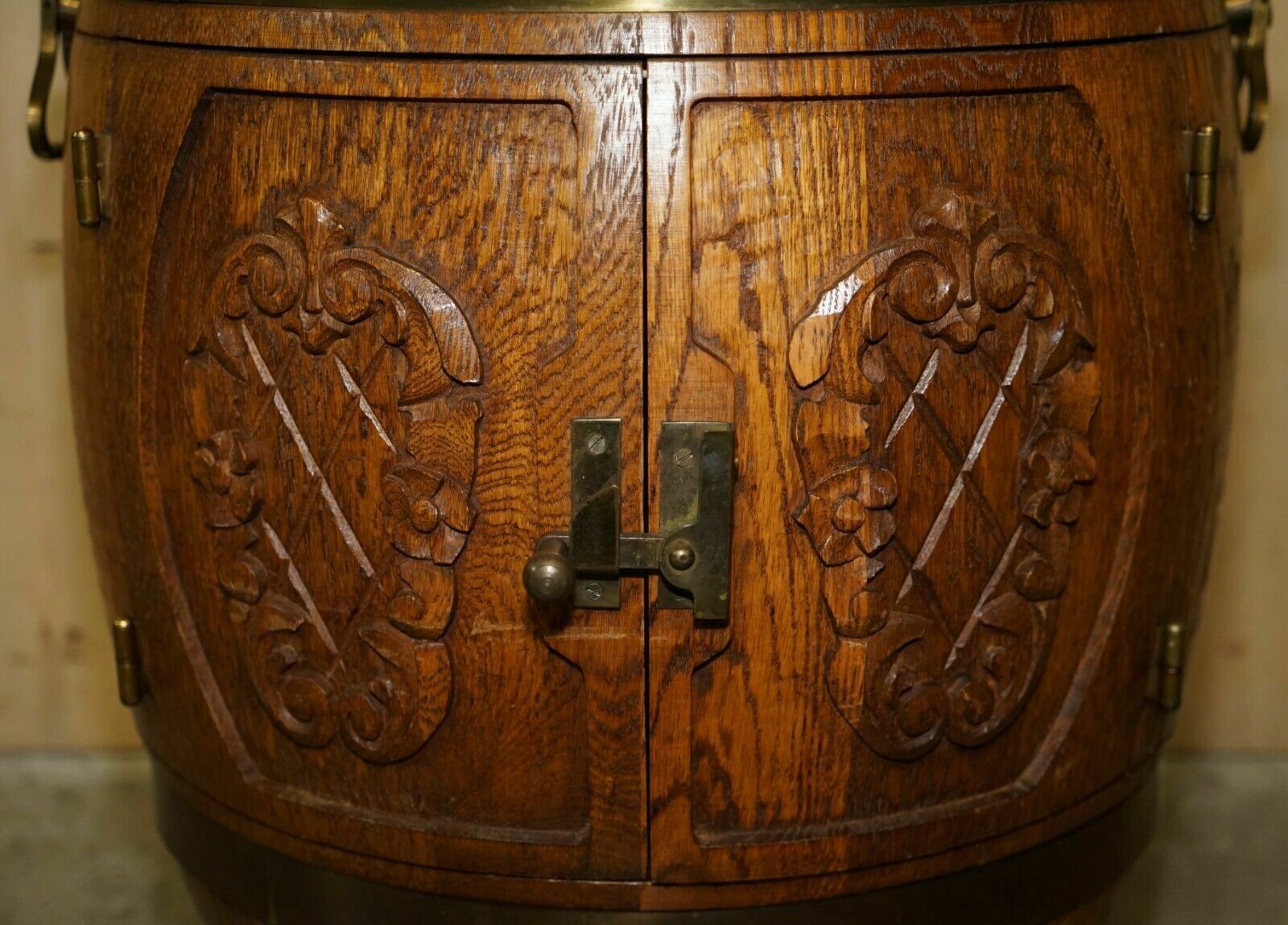 Pair Of Antique Carved Side Table Sized Barrels Made Into Bars / Drinks Holders photo vintage
