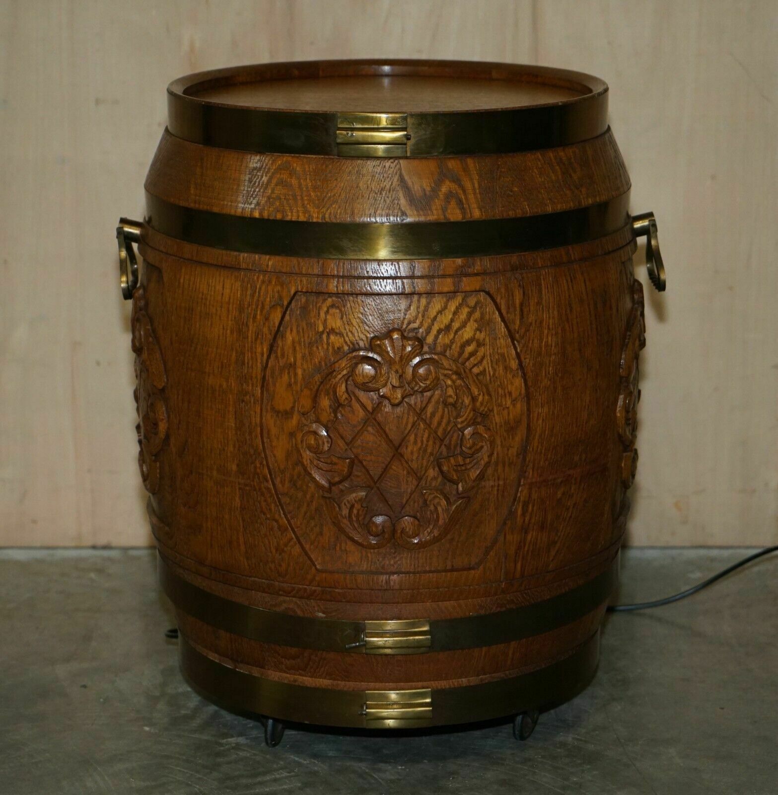 photo buy Pair Of Antique Carved Side Table Sized Barrels Made Into Bars / Drinks Holders