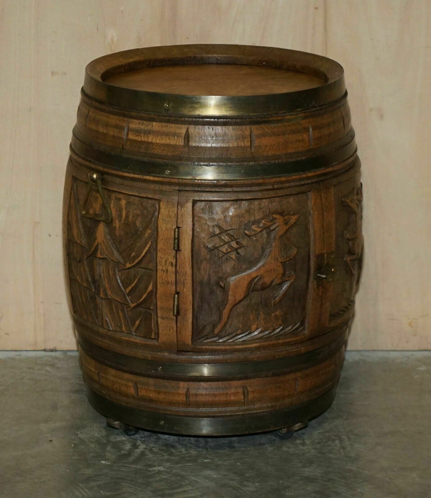 photo vintage Pair Of Antique Carved Side Table Sized Barrels Made Into Bars / Drinks Holders