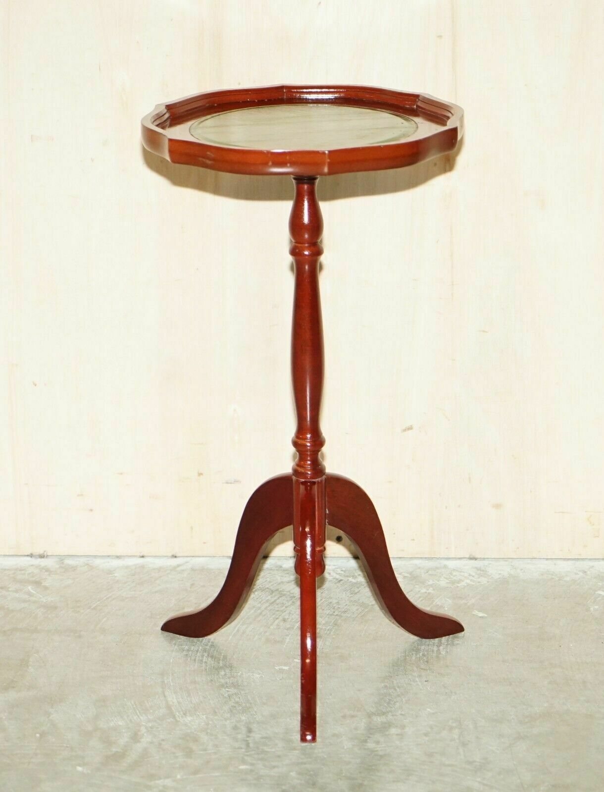 Large Vintage Beech Pie Crust Edge Green Leather Tripod Side End Lamp Wine Table photo furniture