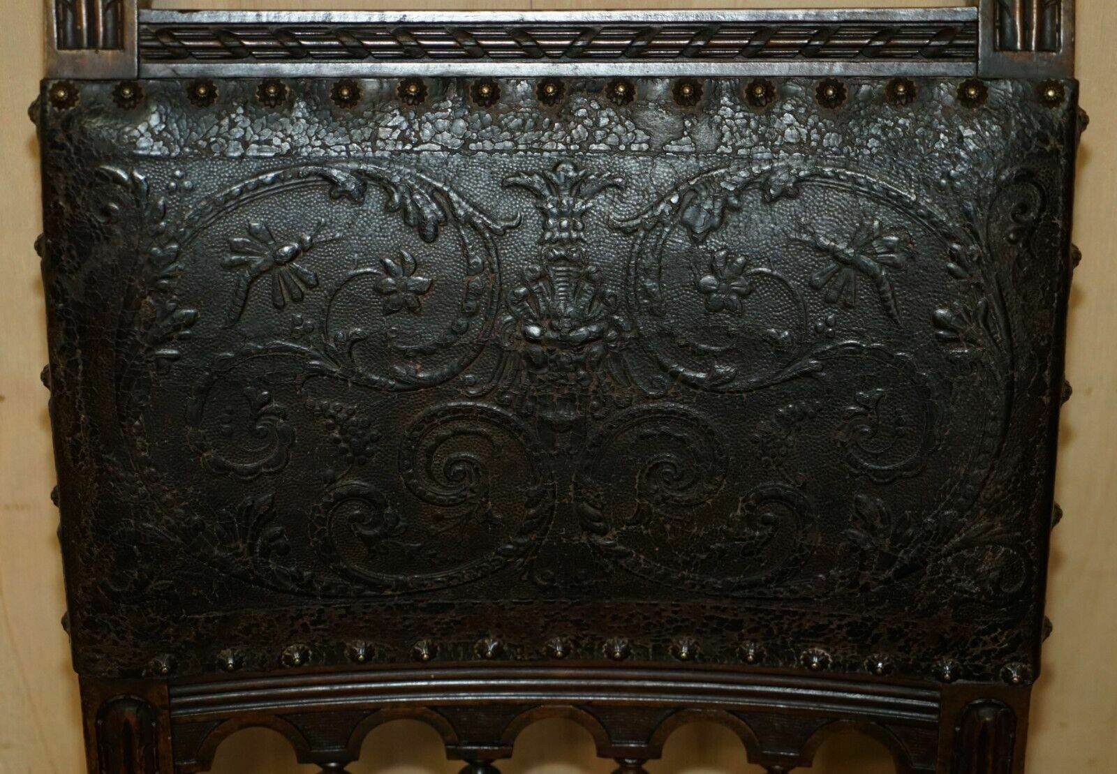 photo for sale Fine Set Of Six Henry II Circa 1880 French Oak & Embossed Leather Dining Chairs