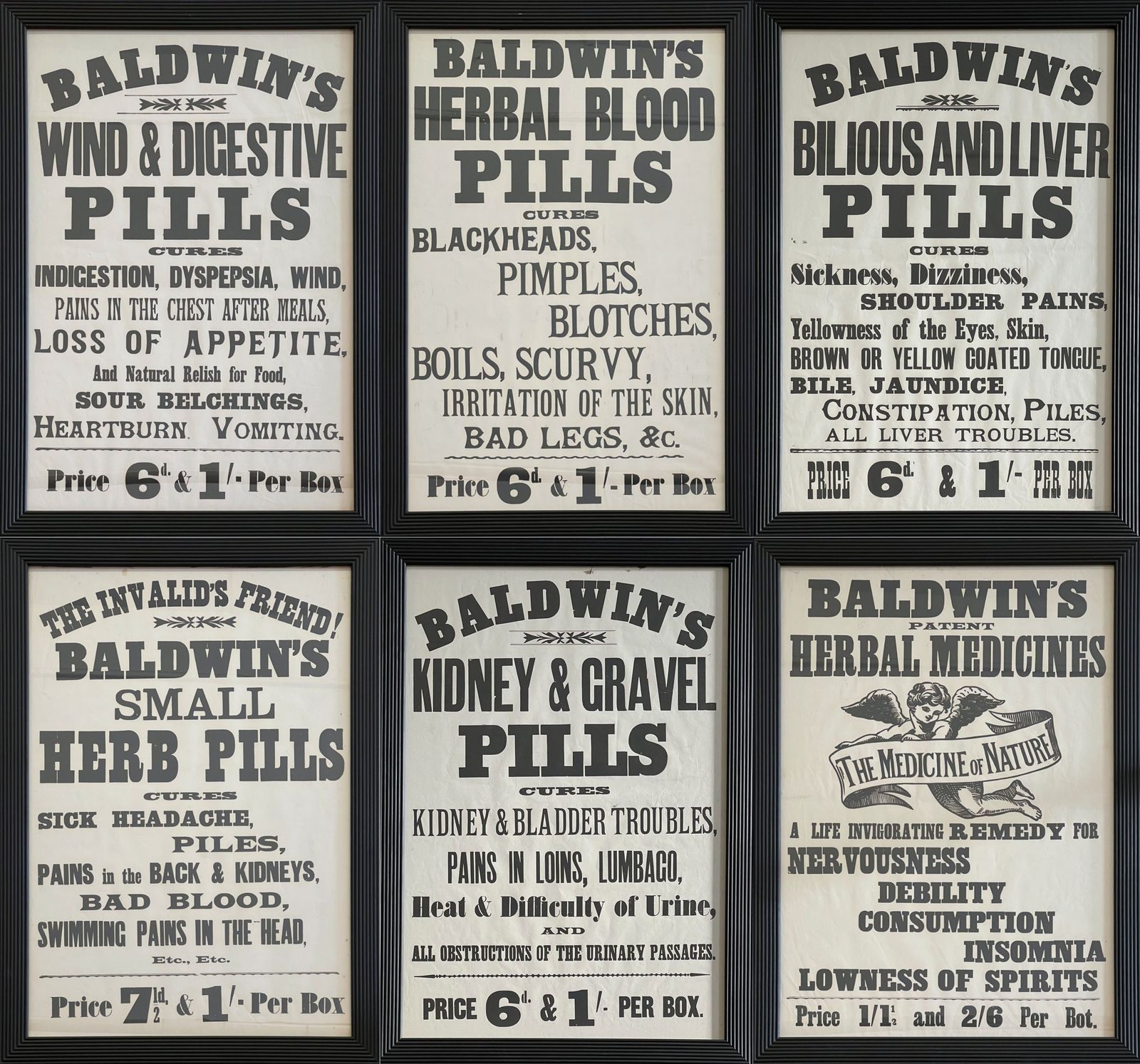 A Set Of Six Original Victorian 'Baldwin's Pills' Vintage Framed Posters   C.1895