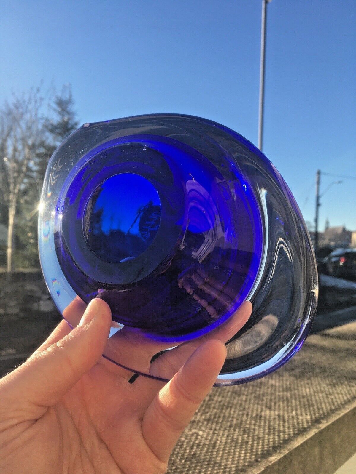 Mid Century Modern Signed Scandinavian Italian Blue Clear Art Glass Geode Bowl photo furniture