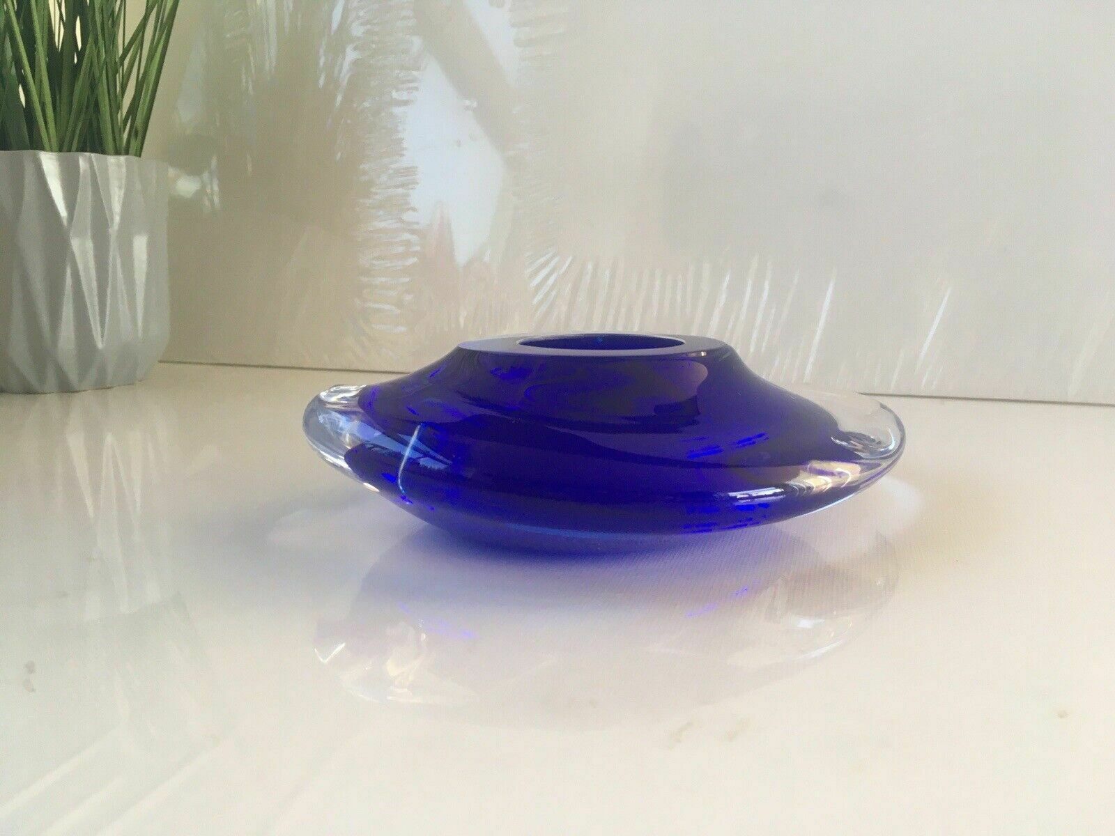 Mid Century Modern Signed Scandinavian Italian Blue Clear Art Glass Geode Bowl photo vinterior
