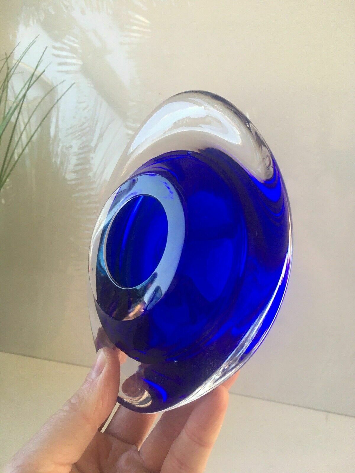 Mid Century Modern Signed Scandinavian Italian Blue Clear Art Glass Geode Bowl photo buy