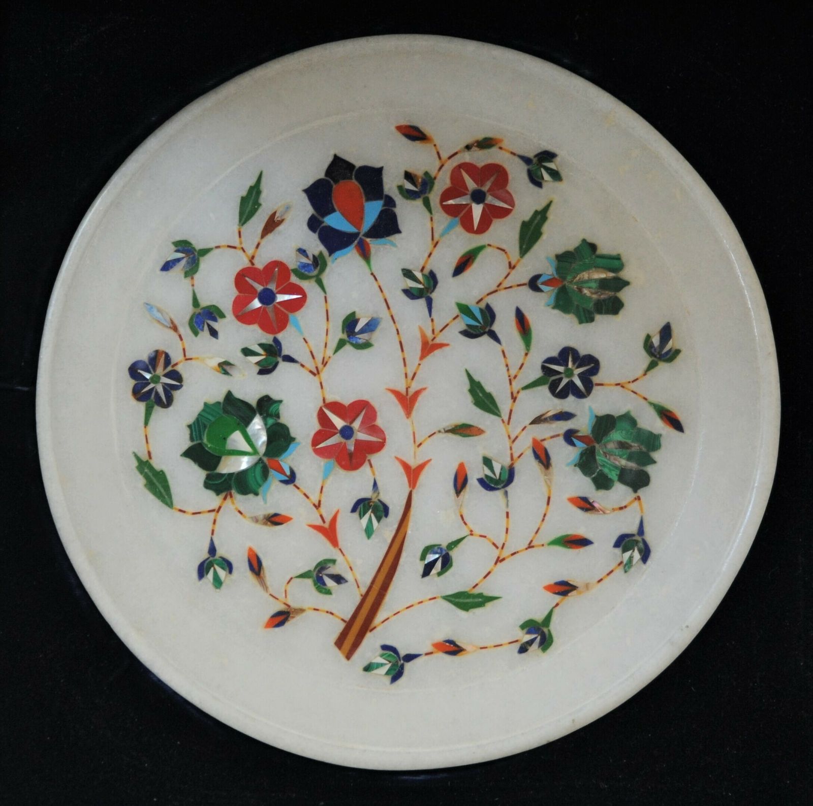Vintage Indian Marble Plate With Precious Stone And Mother Of Pearl Inlay photo vinterior