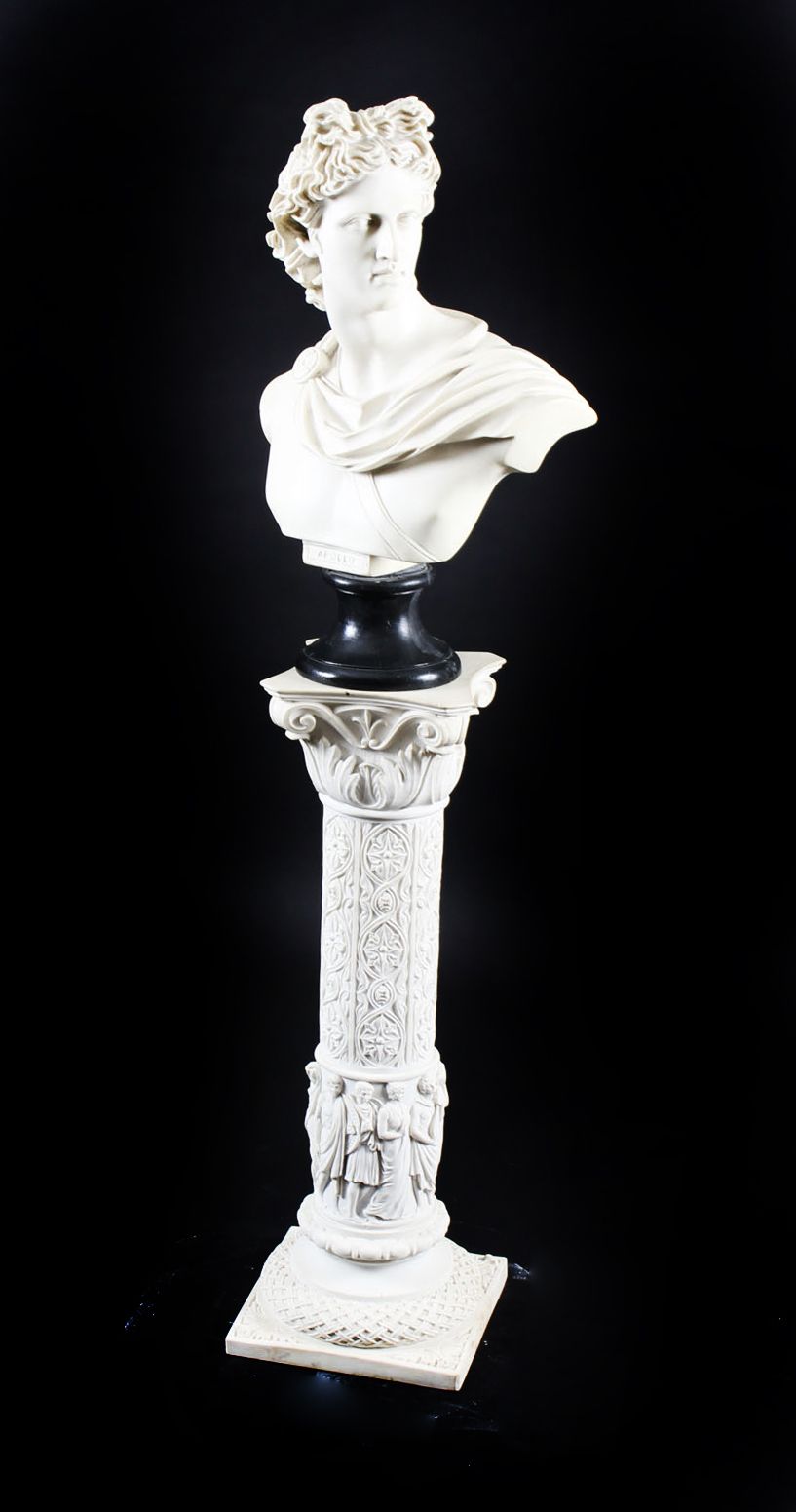 photo buy Vintage Composition Marble Bust Of Apollo On A Pedestal 20th Century