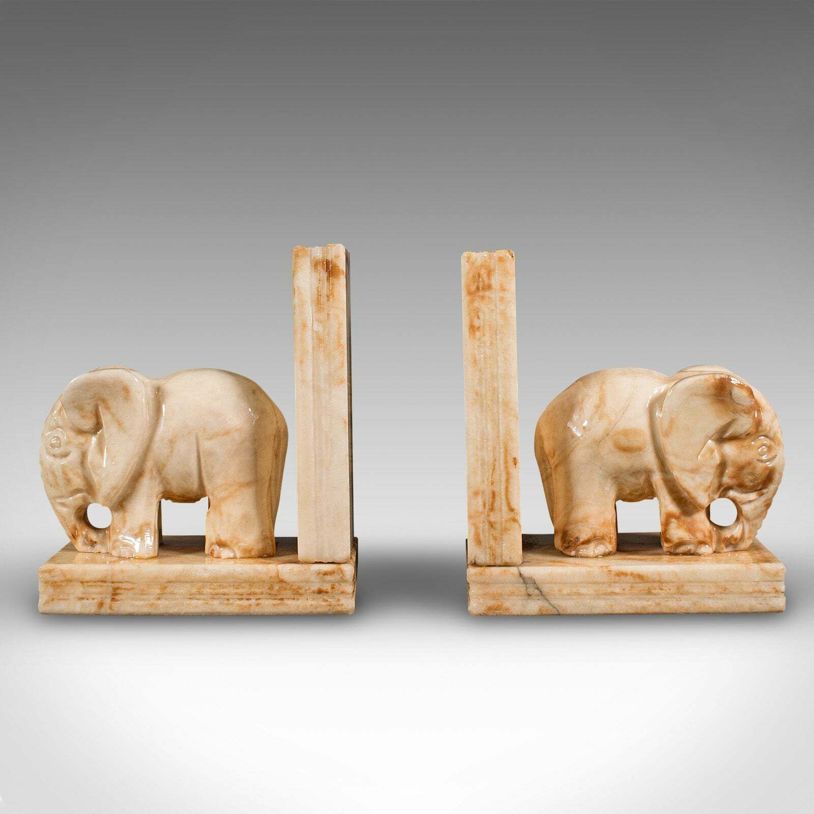 Pair Of Antique Elephant Bookends, African, Milk Onyx, Book Rest, Victorian photo for sale